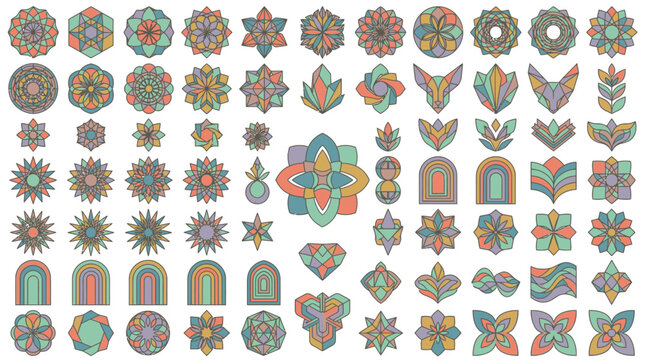 Conjunto de elementos gr&aacute;ficos decorativos com mandalas coloridas, formas geom&eacute;tricas, arcos e padr&otilde;es florais abstratos em estilo boho vintage isolados em fundo branco.