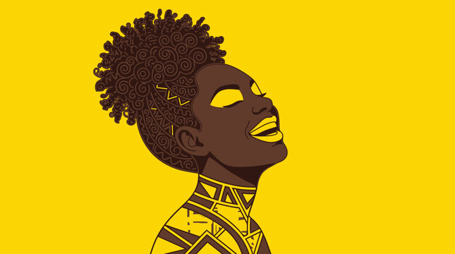 Ilustra&ccedil;&atilde;o vetorial estilizada de uma mulher negra com cabelo afro natural e padr&otilde;es geom&eacute;tricos tribais em um fundo amarelo vibrante, transmitindo alegria e orgulho cultural.