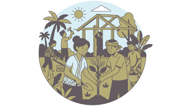 Ilustraci&oacute;n circular que muestra a una comunidad trabajando unida en la construcci&oacute;n de una casa de madera y plantando &aacute;rboles en un entorno rural bajo un sol brillante