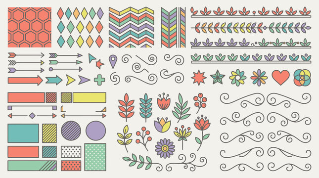 Ensemble d'&eacute;l&eacute;ments graphiques d&eacute;coratifs color&eacute;s comprenant des motifs g&eacute;om&eacute;triques, des bordures florales, des fl&egrave;ches, des c&oelig;urs et des ornements de style doodle dessin&eacute;s &agrave; la main.