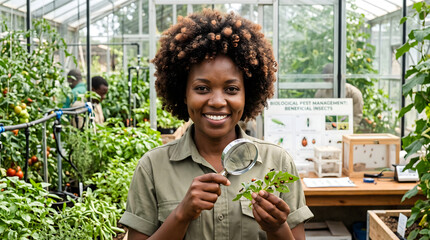 Fototapeta premium woman scientist examining plant leaves with magnifying glass in greenhouse