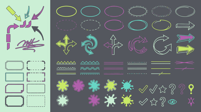 Conjunto de elementos gr&aacute;ficos de dise&ntilde;o vectorial para resaltar informaci&oacute;n, incluyendo flechas, marcos, l&iacute;neas y salpicaduras de colores ne&oacute;n sobre fondo oscuro.