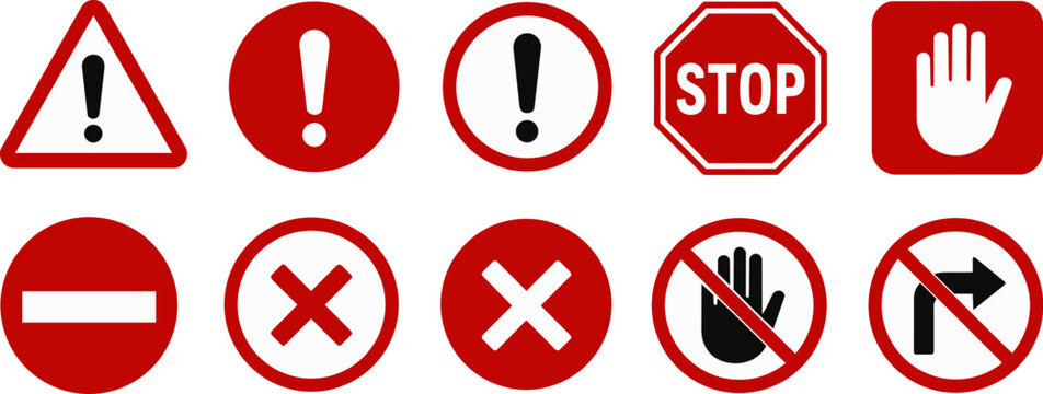 Warning and prohibition sign icon collection with safety symbols and stop signs