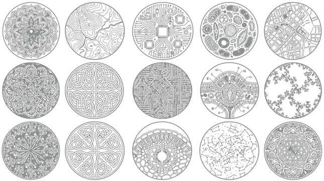 Eine Sammlung von f&uuml;nfzehn runden, detaillierten Schwarz-Wei&szlig;-Mandala-Mustern und geometrischen Designs, die sich ideal als Malvorlagen f&uuml;r Erwachsene oder dekorative Grafikelemente eignen.