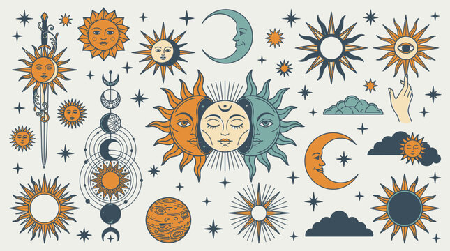 Colecci&oacute;n de elementos celestiales y esot&eacute;ricos con soles, lunas y estrellas en estilo vintage para dise&ntilde;o gr&aacute;fico.
