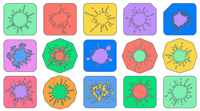 Eine Sammlung von bunten, geometrischen Symbolen mit abstrakten Tintenklecksen und Spritzern in verschiedenen Formen, isoliert auf einem wei&szlig;en Hintergrund f&uuml;r grafische Designs.