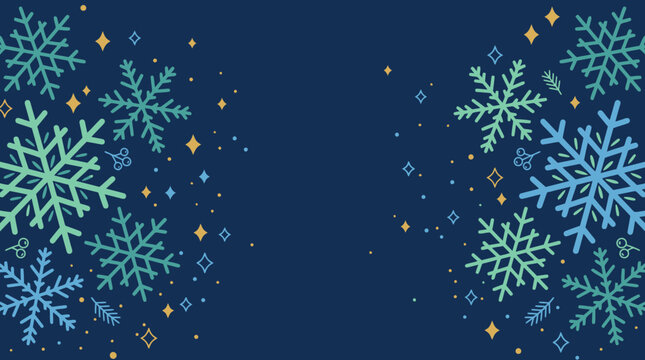 Fond festif avec des flocons de neige stylis&eacute;s et des &eacute;toiles scintillantes sur un arri&egrave;re-plan bleu fonc&eacute;, id&eacute;al pour les designs de No&euml;l et les c&eacute;l&eacute;brations hivernales.