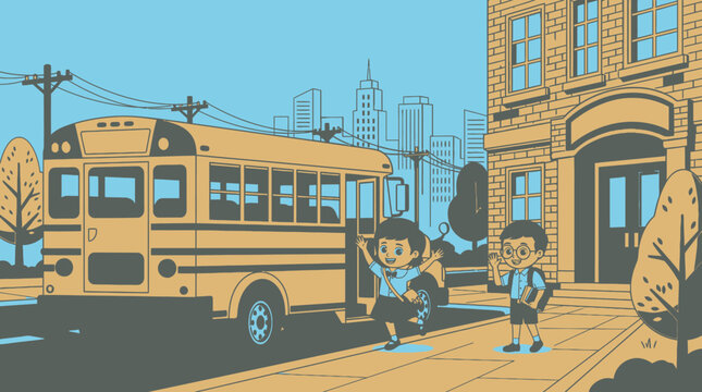 Ni&ntilde;os alegres subiendo a un autob&uacute;s escolar amarillo frente a un edificio de ladrillos con un horizonte urbano al fondo.