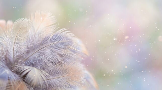 A close-up shot of a cluster of soft, fluffy feathers. The feathers display a gradient of colors, including pale pink, peach, beige, and gray.