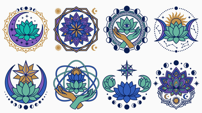Conjunto de ocho s&iacute;mbolos esot&eacute;ricos y espirituales con lotos, lunas y estrellas en colores morado y turquesa.