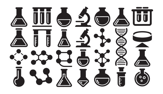 Collection of various laboratory science equipment icons including flasks and microscope.