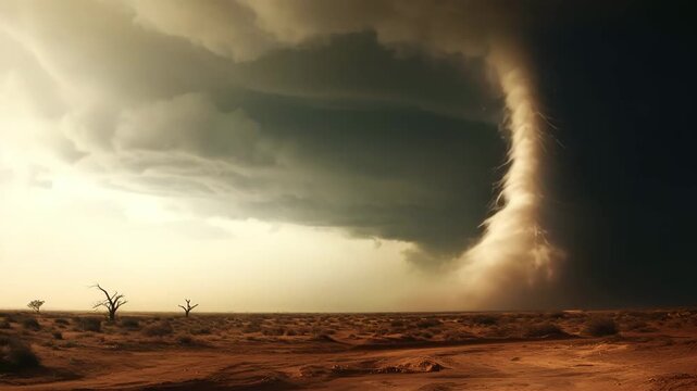 Massive tornado, cyclone on land with huge clouds. Thunderstorm, post apocalyptic feeling. Video of natural disaster. Storm clouds over the desert landscape.