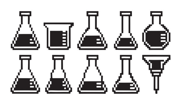 Pixel art chemistry flasks set of ten different shapes and liquid levels.
