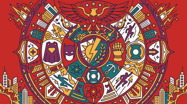 Ilustra&ccedil;&atilde;o vetorial detalhada de um bras&atilde;o circular em estilo mandala, exibindo s&iacute;mbolos ic&ocirc;nicos de super-her&oacute;is e uma &aacute;guia, sobre um fundo vermelho com uma cidade estilizada.