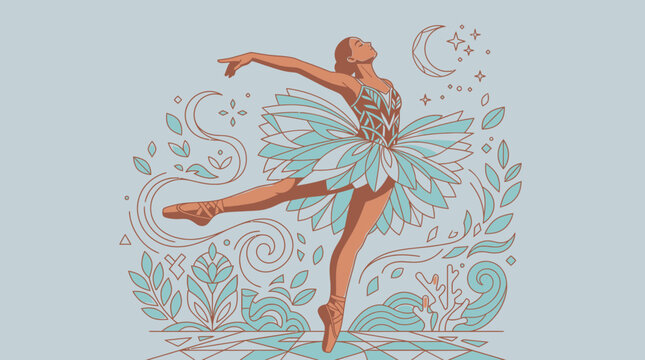 Eine elegante Ballerina in einer anmutigen Tanzpose, umgeben von dekorativen floralen Ornamenten und Mondsymbolen im stilisierten, modernen Grafikdesign-Stil auf hellblauem Hintergrund.