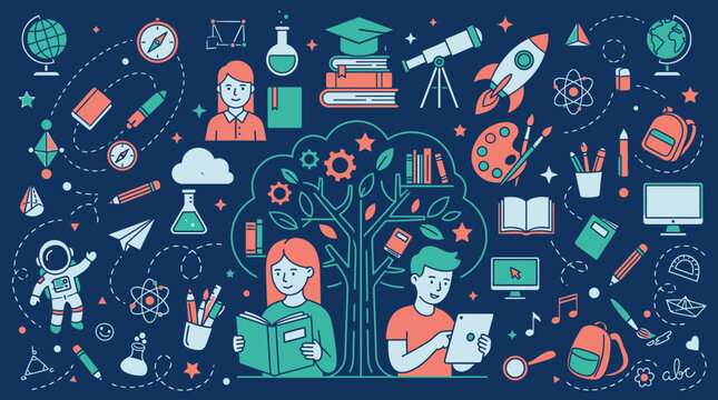 Ilustraci&oacute;n de educaci&oacute;n y aprendizaje con iconos de ciencia, arte y estudio rodeando a dos estudiantes leyendo y usando tecnolog&iacute;a.