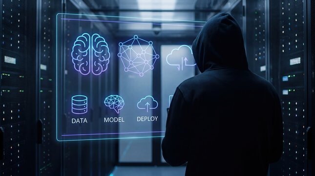 Hooded hacker accessing futuristic AI interface in dark server room, cyber security threat concept with data model and cloud computing icons on holographic display screen