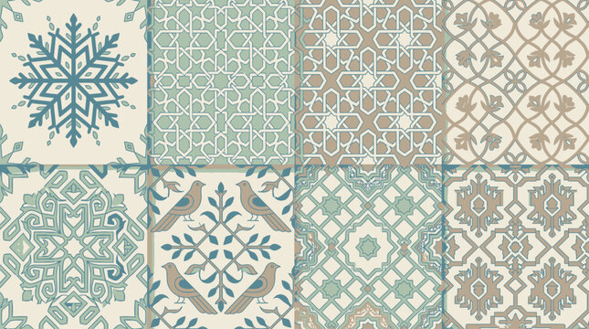 Eine Sammlung von dekorativen Fliesenmustern mit Schneeflocken, V&ouml;geln und floralen Ornamenten in einer eleganten Farbpalette aus Blau, Beige und Creme f&uuml;r stilvolle Innenr&auml;ume.