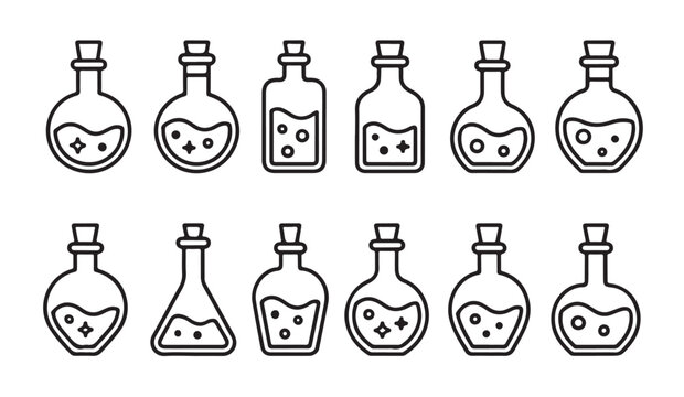Magic potion bottle line icons featuring mystical liquid flasks with bubbles and sparkles.