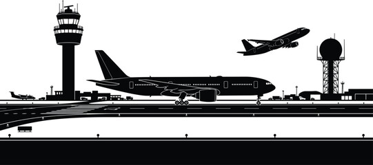 Detailed airport runway tarmac landscape silhouette with commercial passenger airplanes control tower and radar dome structure vector © MdAnarulIslam