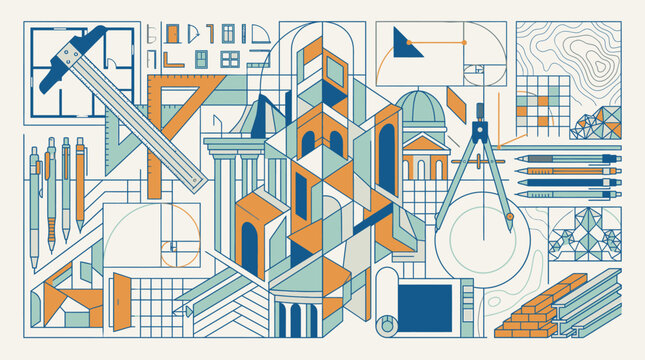 Eine detaillierte architektonische Illustration mit technischen Zeichnungen, Baupl&auml;nen, Messwerkzeugen und geometrischen Geb&auml;udestrukturen in einem modernen, flachen Designstil.
