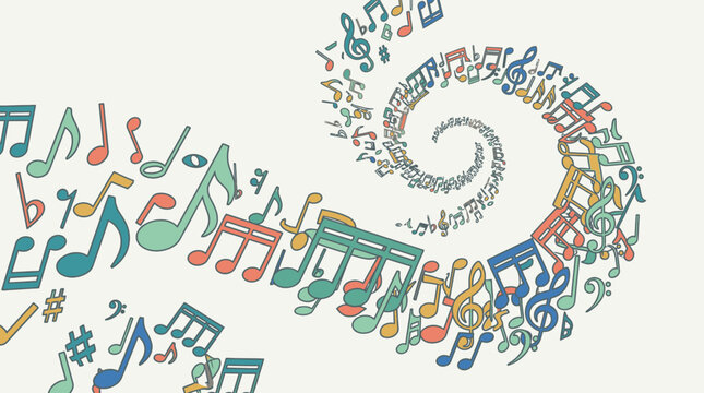 Un vibrante dise&ntilde;o en espiral compuesto por diversas notas y s&iacute;mbolos musicales de colores, creando una representaci&oacute;n din&aacute;mica y art&iacute;stica de la m&uacute;sica.