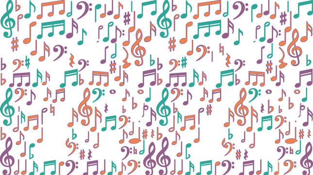 Patr&oacute;n sin fisuras de notas musicales y s&iacute;mbolos de m&uacute;sica en colores vibrantes, incluyendo claves y alteraciones, sobre un fondo blanco puro, perfecto para dise&ntilde;os.
