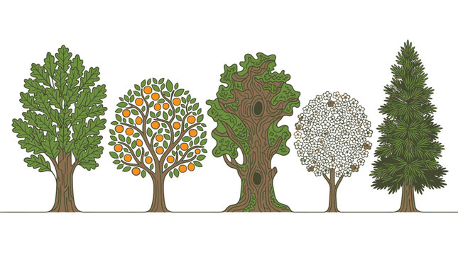 Eine Sammlung von f&uuml;nf verschiedenen illustrierten Baumarten, darunter ein Eichenbaum, ein Orangenbaum, ein alter Baum, ein bl&uuml;hender Baum und eine Tanne auf wei&szlig;em Hintergrund.