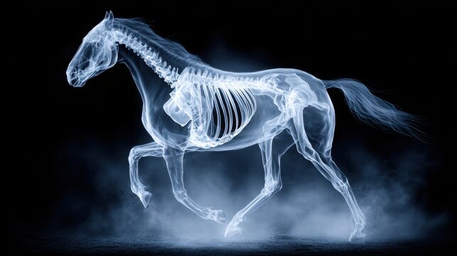 A spectral equine form composed of glowing x-ray bones in motion