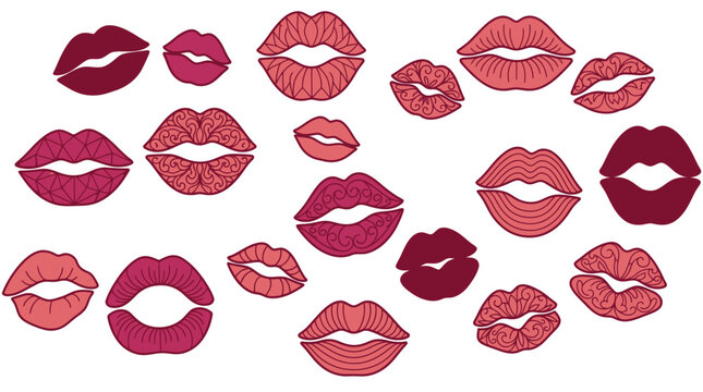 Collection de l&egrave;vres stylis&eacute;es dans diff&eacute;rentes nuances de rose et de rouge, dessin&eacute;es &agrave; la main avec des motifs vari&eacute;s.