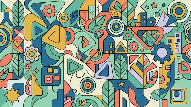 Abstrakte bunte Muster mit geometrischen Formen, Bl&auml;ttern und Zahnr&auml;dern, die ein organisches und industrielles Design darstellen.