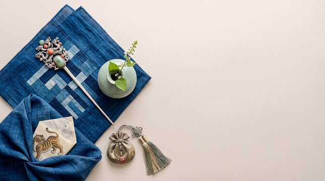 Traditional Korean Hairpin and Norigae Ornaments on Indigo Patchwork Cloth