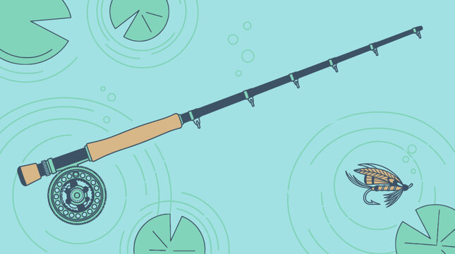 Eine Angelrute mit Rolle und K&ouml;der schwimmt &uuml;ber Seerosenbl&auml;ttern auf blauem Wasser, Illustration