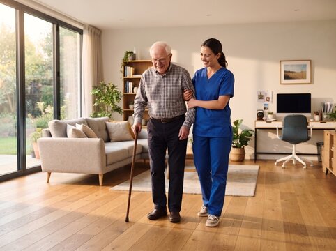 Young professional female physical therapist gently assisting an elderly man to walk