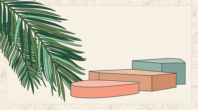 Podios minimalistas de colores pastel con hojas de palma verdes y un fondo de patr&oacute;n bot&aacute;nico suave.