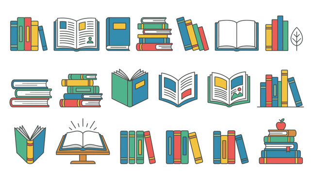 Conjunto de iconos planos de libros y estanter&iacute;as, ilustraci&oacute;n vectorial de objetos relacionados con la lectura y la educaci&oacute;n.