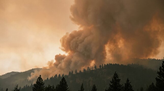 Forest Fire Disaster: A catastrophic forest fire rages on a mountainside, sending thick plumes of dark smoke billowing into the hazy, orange sky.