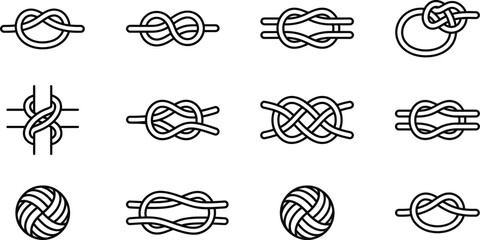 Collection of knotted rope designs a black line vector illustration on a white background knot knots © Masud