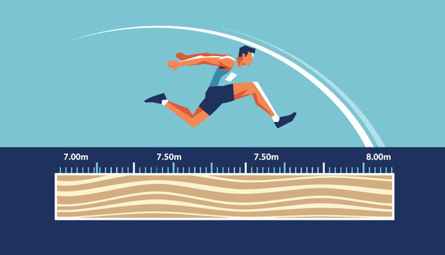 Male athlete performs a powerful long jump over a sandpit while a measurement ruler tracks the distance in a professional sports competition.