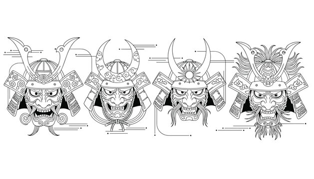 Collection of four intricate black and white line art illustrations of traditional Japanese samurai warrior masks with various decorations.