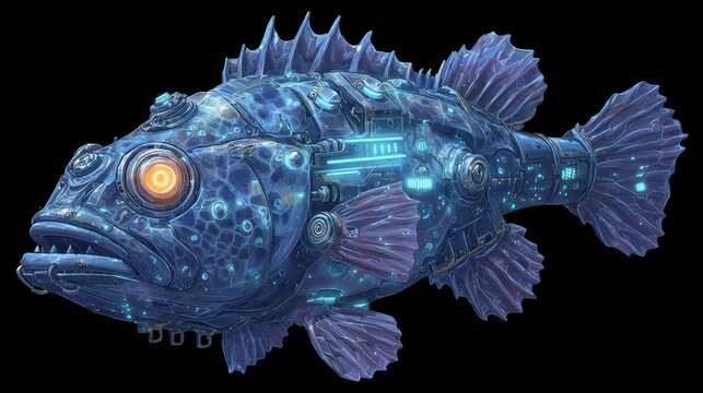 Bioluminescent Mechanical Fish Cyborg Predator with Glowing Orange Eye and Blue Futuristic Lights, Detailed Digital Art.