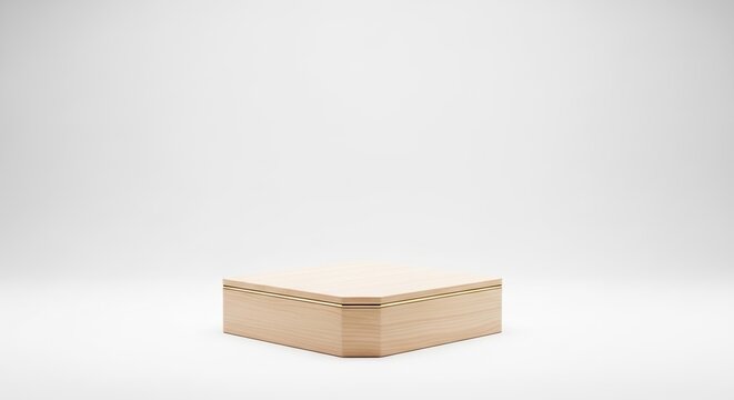 A light-colored wooden box sits on a white surface. The box has a hexagonal shape and a simple design.