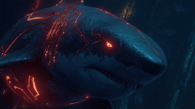 Deep-sea hunter shark with glowing magma veins and fiery eyes, a powerful underwater predator