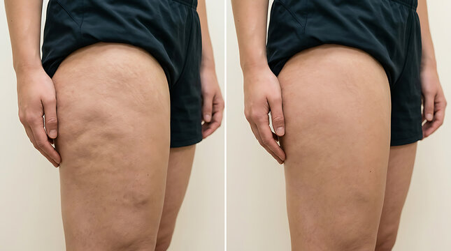 before and after comparison of skin tightening and cellulite reduction on upper thigh and thigh area for improved skin appearance