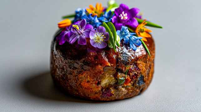 Rich fruit cake adorned with colorful edible flowers on gray background fruitcake colorful