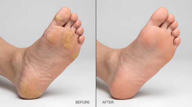 Before and After Foot Skin Treatment Shows Significant Improvement in Skin Condition and Appearance for Healthier Feet