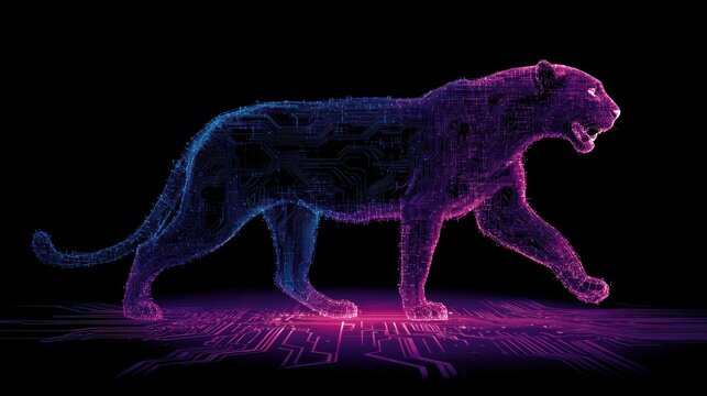 Digital panther manifestation woven from electric circuits and neon light on a dark background