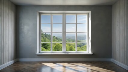 Obraz premium White window in empty room with heating and gray walls beautiful view from the window of the home
