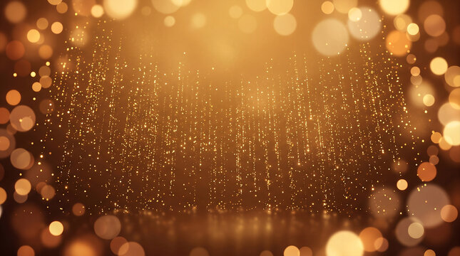 Luxury golden glitter rain curtain falling with glowing bokeh particles forming a round frame background