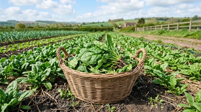 A wicker basket overflows with vibrant green spinach leaves. The basket sits on dark soil amidst a freshly tilled field.
